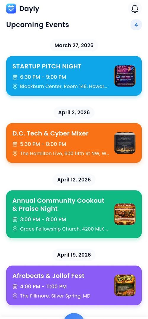 Dayly App - Upcoming Events list with scanned flyers
